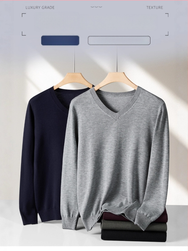 Pánske vlnené svetre s V-krkom, dlhé rukávy, flis podšívka, 30–35% vlna, hrubé pletenie