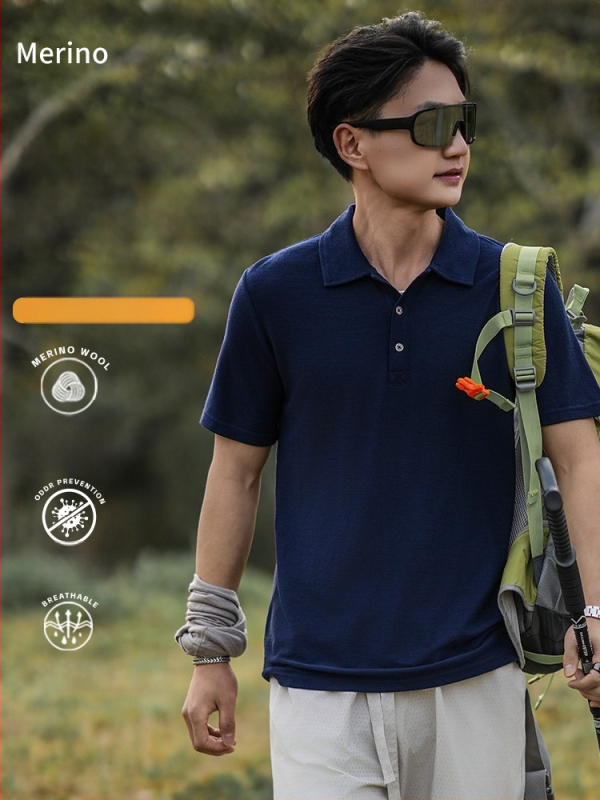 Merino vlna polo tričko pre mužov, krátke rukávy, okrúhly výstrih, rýchloschnúce, letné outdoorové oblečenie