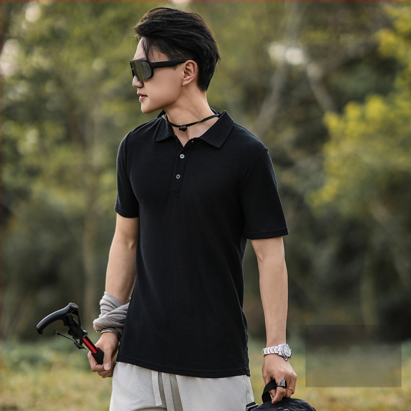 Merino vlna polo tričko pre mužov, krátke rukávy, okrúhly výstrih, rýchloschnúce, letné outdoorové oblečenie