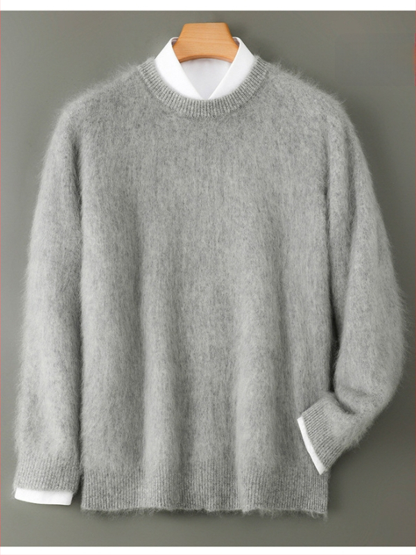Pánske svetrový pulóver z 100% vlny, okrúhly výstrih, hrubý úplet, voľný strih, dlhý rukáv