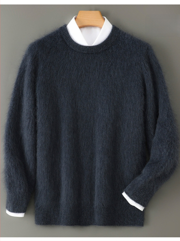 Pánske svetrový pulóver z 100% vlny, okrúhly výstrih, hrubý úplet, voľný strih, dlhý rukáv