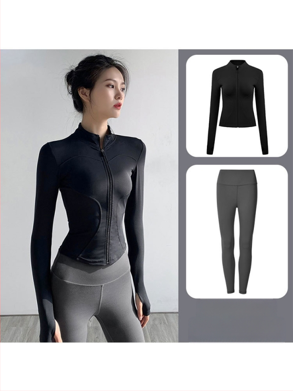 Комплект спортно облекло за йога с дълъг ръкав и яке с цип (материя: найлон; съдържание: 70–80%; сезон: 2025 есен; дълъг ръкав; топ комплект)