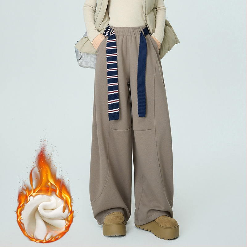 Γυναικείοι άνετοι παντελόνες σε φαρδιά γραμμή, υψηλή μέση με ελαστικό ζωνάκι, χωρίς τσαλάκωμα, παχύ μείγμα πολυεστέρα/βαμβακιού/ελαστάν (67.4% πολυεστέρας, 30.1% βαμβάκι, 2.5% ελαστάν), μακριά παντελόνια, casual ιαπωνο-κορεατικό στυλ