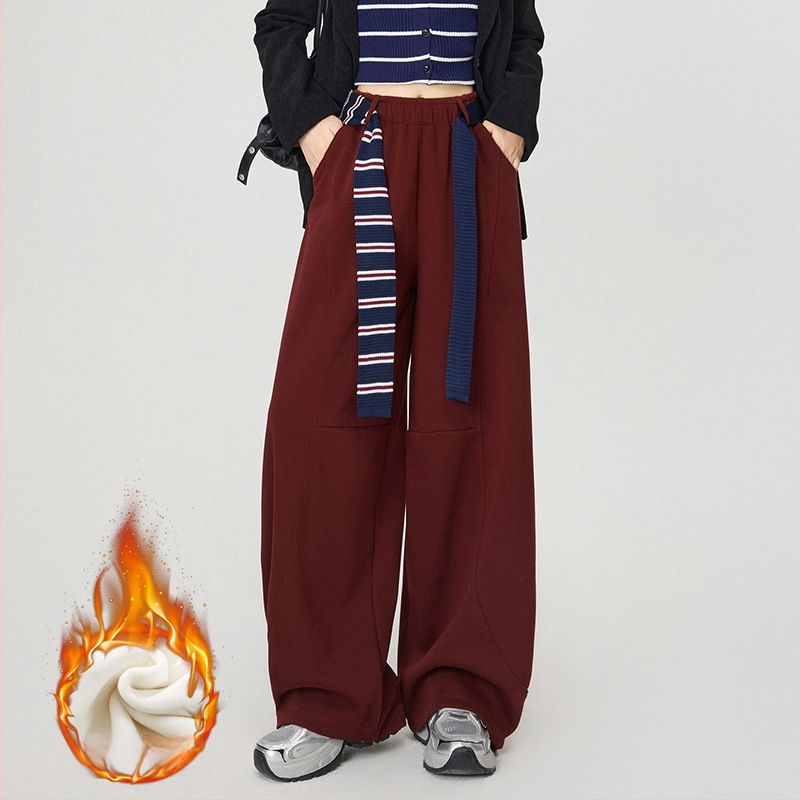 Γυναικείοι άνετοι παντελόνες σε φαρδιά γραμμή, υψηλή μέση με ελαστικό ζωνάκι, χωρίς τσαλάκωμα, παχύ μείγμα πολυεστέρα/βαμβακιού/ελαστάν (67.4% πολυεστέρας, 30.1% βαμβάκι, 2.5% ελαστάν), μακριά παντελόνια, casual ιαπωνο-κορεατικό στυλ