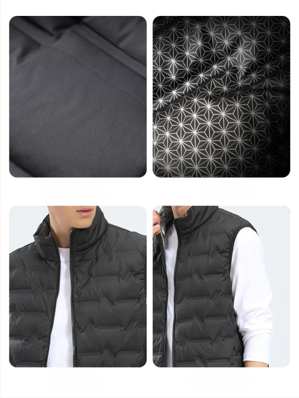 Unisex jesenná-zimná bezruková vesta s stojatým golierom, ľahká, obsah 86–90% peria, výplň 50–100 g, predný zips, polyesterová tkanina