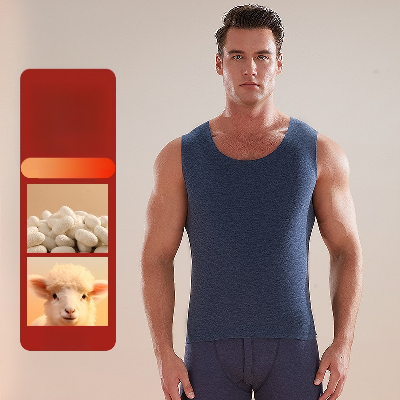 Pánska termovesta, kašmírovopoliesterová zmes, hrubý materiál 251–300 g/m², okrúhly golier, vhodná na zimu, jar a jeseň