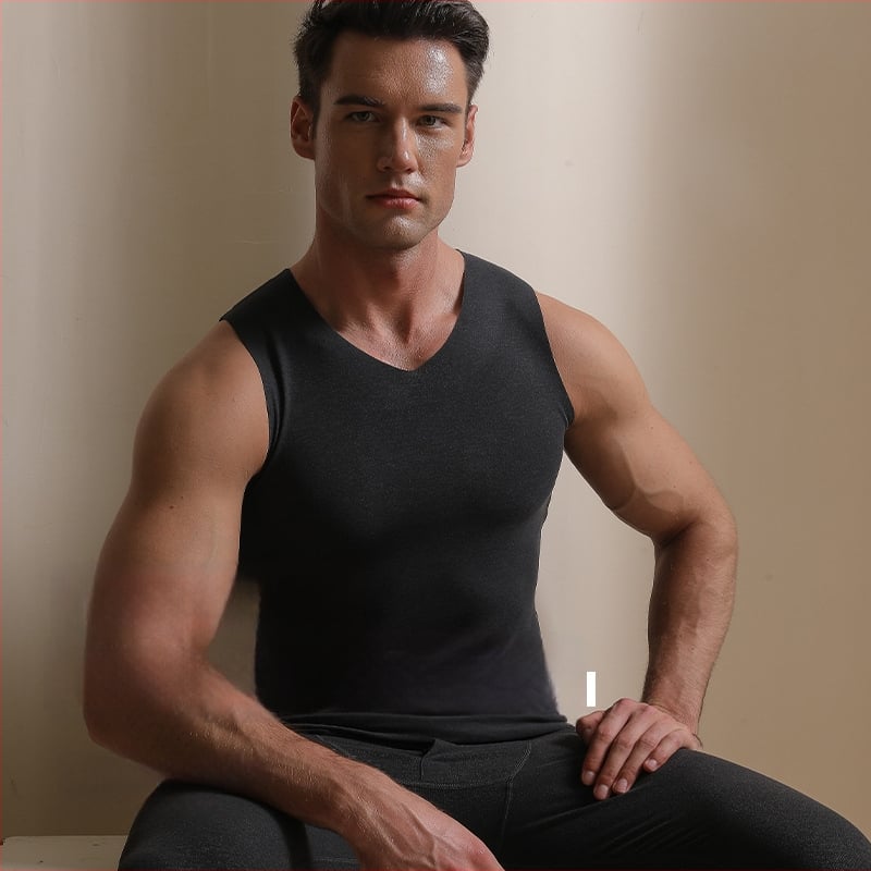 Pánska termálna vesta s V-krkom, fleece podšívka, pletené tkanivo, stredná dĺžka, polyester-spandex (90–95% polyesteru)