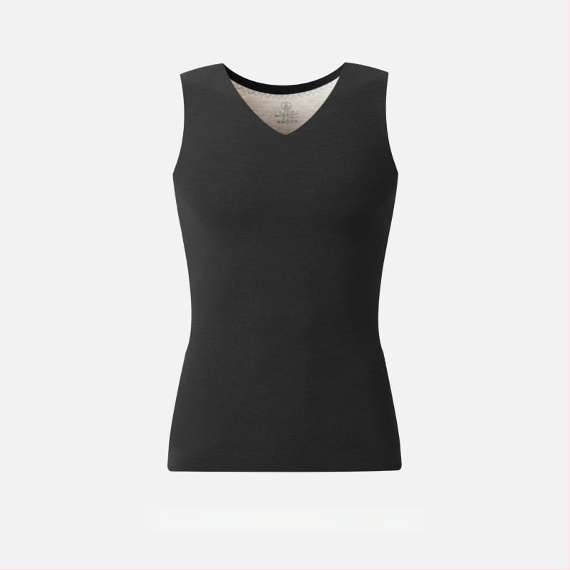 Pánska termálna vesta s V-krkom, fleece podšívka, pletené tkanivo, stredná dĺžka, polyester-spandex (90–95% polyesteru)