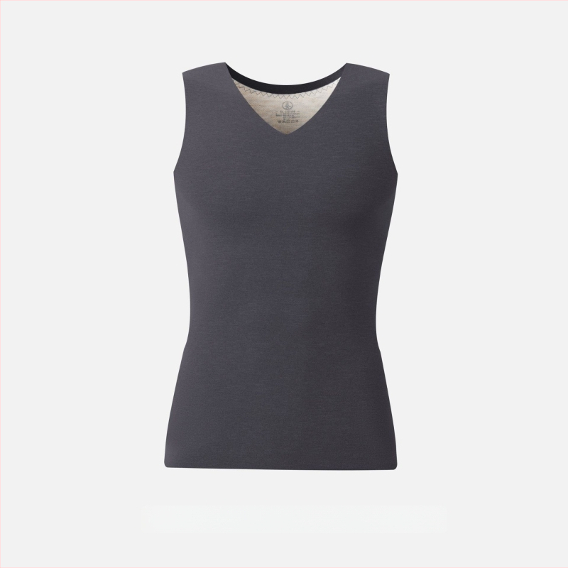 Pánska termálna vesta s V-krkom, fleece podšívka, pletené tkanivo, stredná dĺžka, polyester-spandex (90–95% polyesteru)