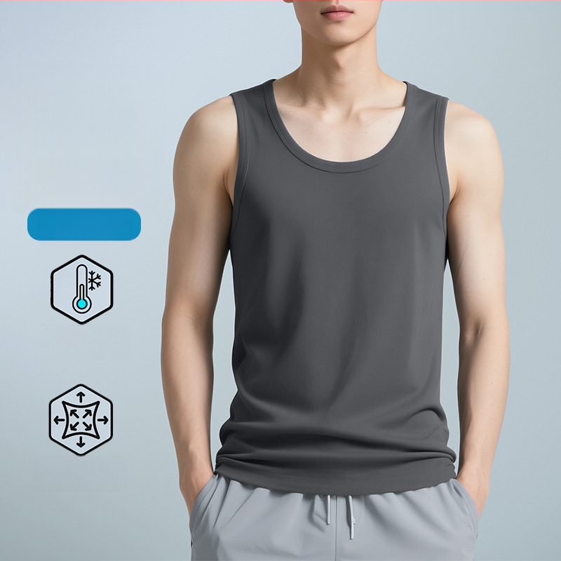 Ανδρικό αμάνικο τοπάκι με στρογγυλή λαιμόκοψη, μίξη βαμβάκι-πολυεστέρα, λεπτό και ελαφρύ, στενή γραμμή, ίσιο τελείωμα, 61% βαμβάκι, 39% πολυεστέρα