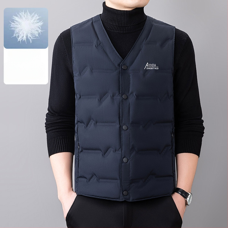 Pánska péřová vesta, bez rukávov, V-krk, zapínanie na jeden rad gombov, obsah peria 91–95%, náplň 80–105 g