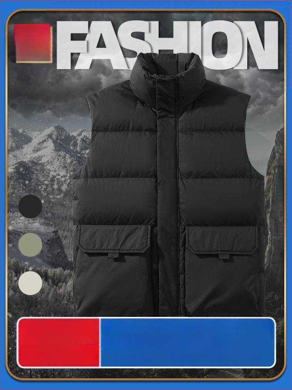 Hlboká vesta s výplňou husieho peria, stojací golier, zips, viac vreciek, zimné oblečenie