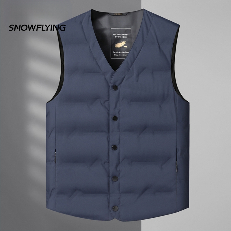 Mužská péřová vesta, ľahká, výplň bielym kačacím perom 86–90%, polyesterová tkanina, vhodná pre zimu, mierna zima (-5°C až 0°C)
