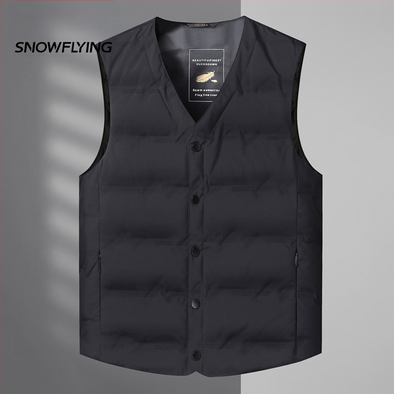 Mužská péřová vesta, ľahká, výplň bielym kačacím perom 86–90%, polyesterová tkanina, vhodná pre zimu, mierna zima (-5°C až 0°C)