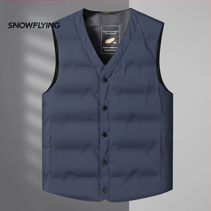 Mužská péřová vesta, ľahká, výplň bielym kačacím perom 86–90%, polyesterová tkanina, vhodná pre zimu, mierna zima (-5°C až 0°C)