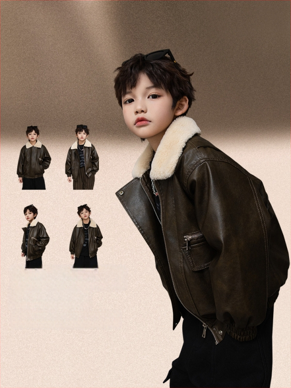 Detská PU kožená bunda s fleecovou podšívkou, zapínanie na zips, golier typu rever, dlhé rukávy, krátky strih