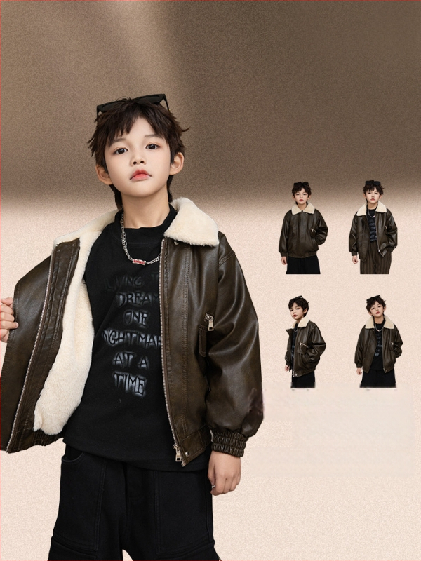 Detská PU kožená bunda s fleecovou podšívkou, zapínanie na zips, golier typu rever, dlhé rukávy, krátky strih