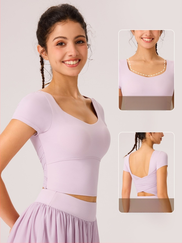 Dámske jóga tielko s sieťovým chrbtom, zoštíhľujúci vzhľad, s integrovanými košíčkami, krátke rukávy, úzky strih, nylon/elastán 81%/19%