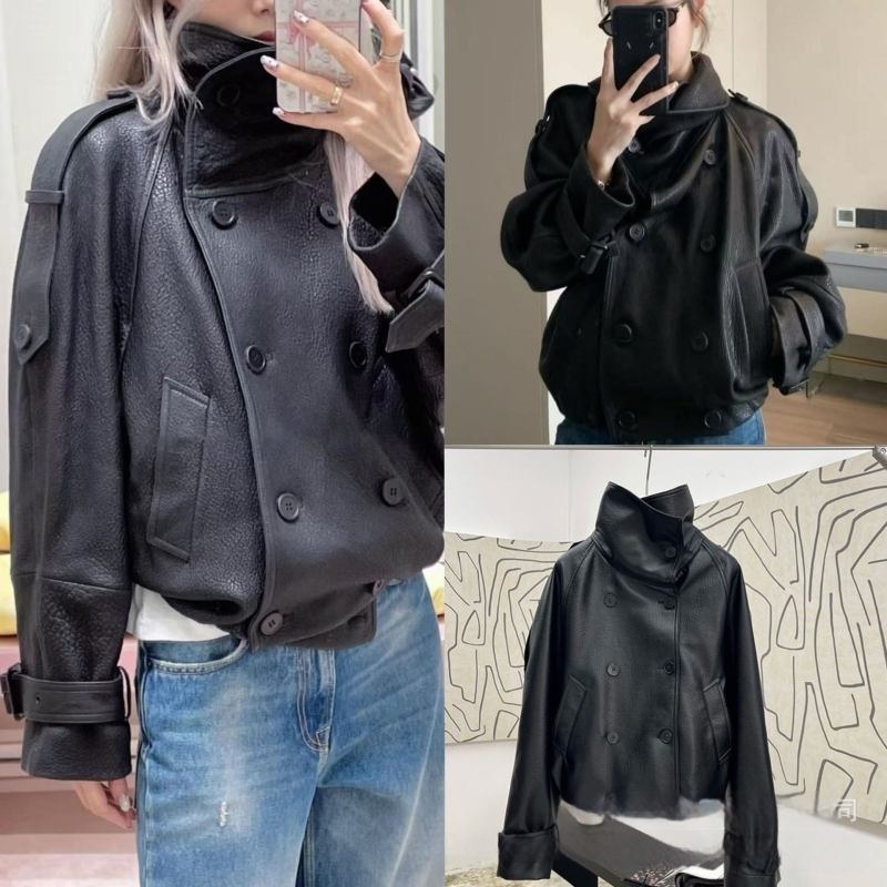 PU kožená bunda s dvojradovým zapínaním na gombíky, stojací golier, normálna dĺžka, dlhé rukávy
