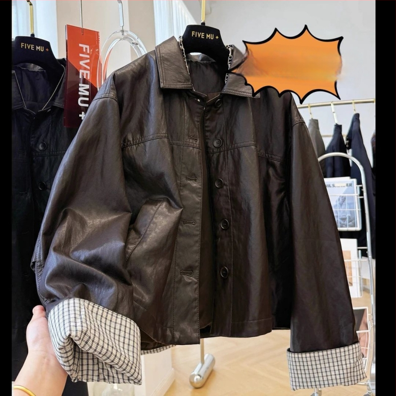 Sünteetilise naha biker-jakk - Korea casual minimalistlik stiil, normaalne pikkus 50–65 cm, polo krae, vaba lõige, pikad varrukad