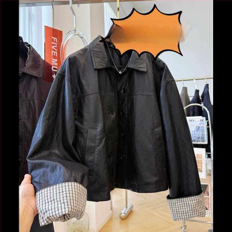 Sünteetilise naha biker-jakk - Korea casual minimalistlik stiil, normaalne pikkus 50–65 cm, polo krae, vaba lõige, pikad varrukad