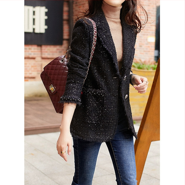 Dámsky vlnený tweed blejzer, jednofarebný, dlhé rukávy, sakový golier, dĺžka 50–65 cm, Jeseň 2025