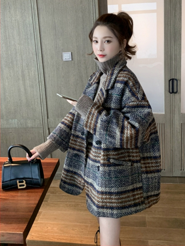 Kabát Chenille s károvaným vzorom, voľný strih, hrubý, stredná dĺžka