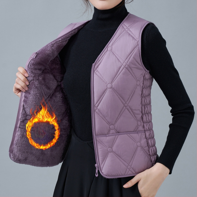 Dámska vesta z flísu a bavlny, úzky strih, V výstrih, vzory: diamantová mriežka a bodky, výplň polyestér, bežná dĺžka