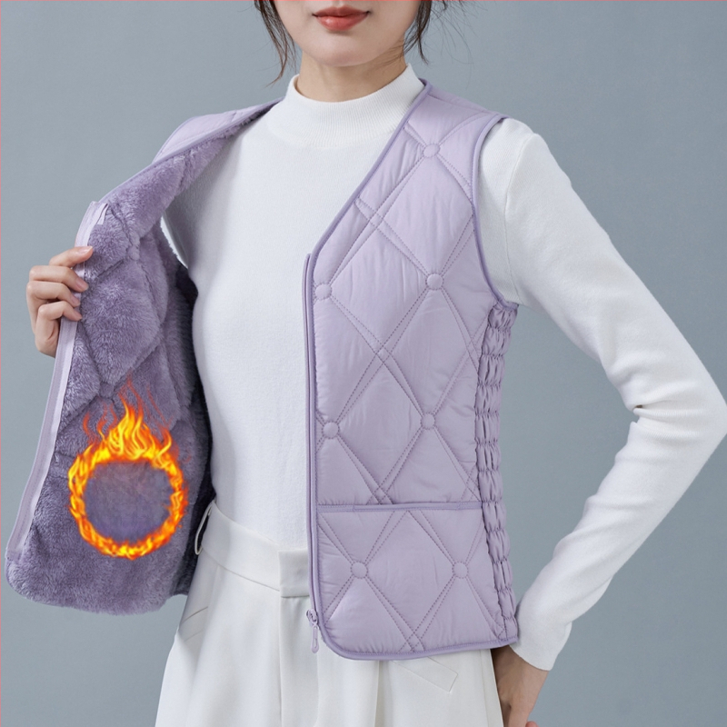 Dámska vesta z flísu a bavlny, úzky strih, V výstrih, vzory: diamantová mriežka a bodky, výplň polyestér, bežná dĺžka