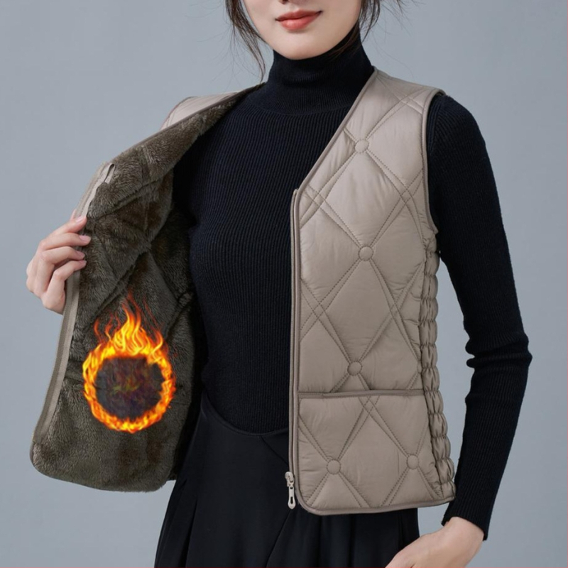 Dámska vesta z flísu a bavlny, úzky strih, V výstrih, vzory: diamantová mriežka a bodky, výplň polyestér, bežná dĺžka