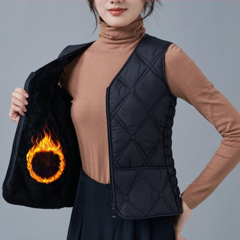 Dámska vesta z flísu a bavlny, úzky strih, V výstrih, vzory: diamantová mriežka a bodky, výplň polyestér, bežná dĺžka