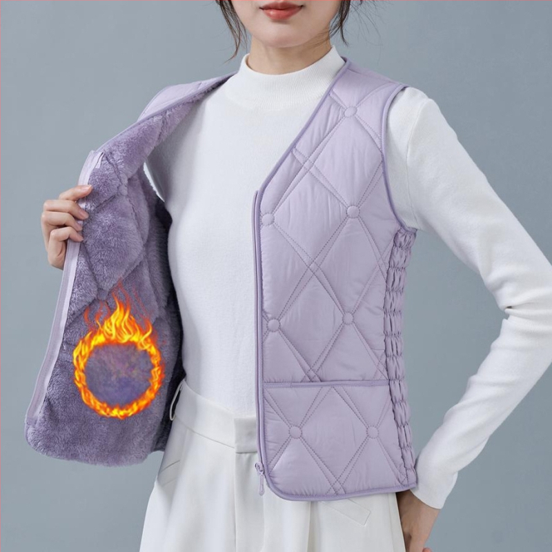 Dámska vesta z flísu a bavlny, úzky strih, V výstrih, vzory: diamantová mriežka a bodky, výplň polyestér, bežná dĺžka