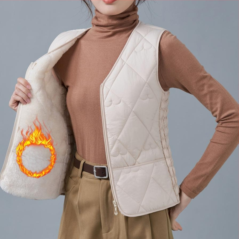 Dámska vesta z flísu a bavlny, úzky strih, V výstrih, vzory: diamantová mriežka a bodky, výplň polyestér, bežná dĺžka