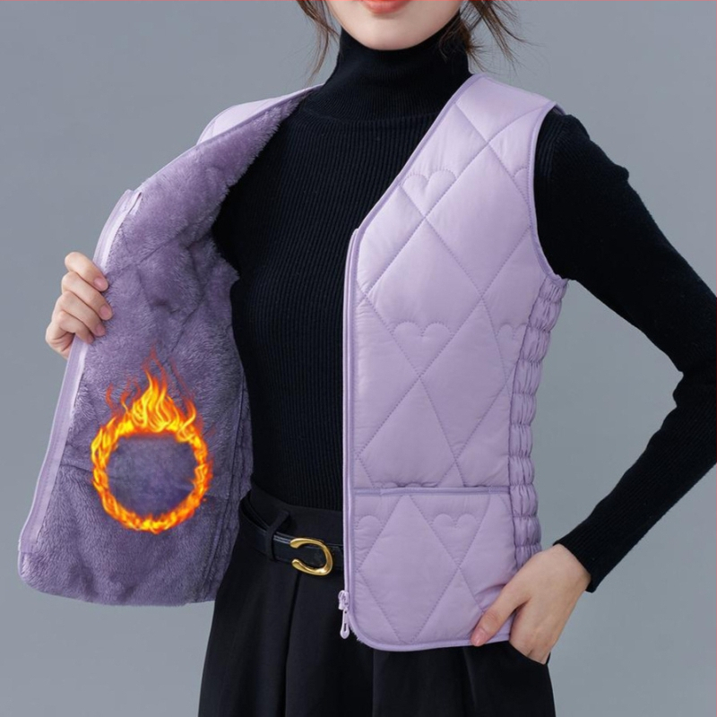 Dámska vesta z flísu a bavlny, úzky strih, V výstrih, vzory: diamantová mriežka a bodky, výplň polyestér, bežná dĺžka