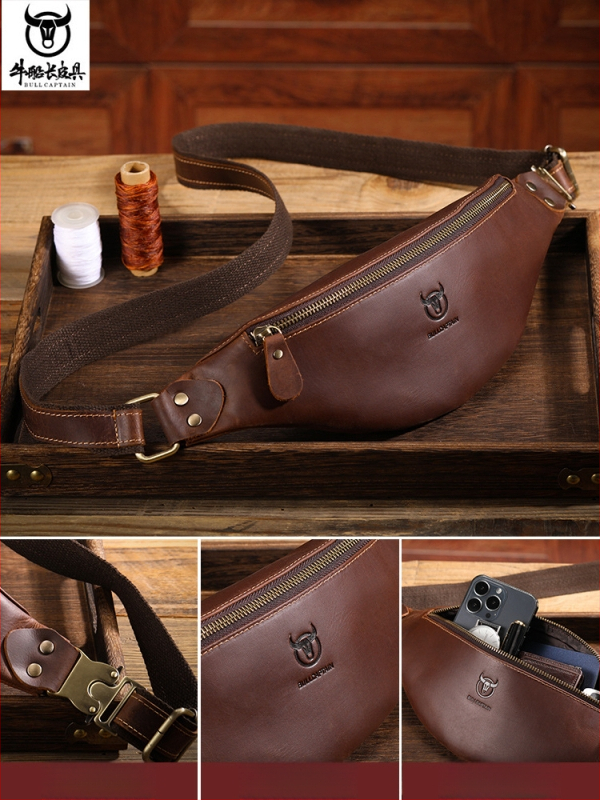 Vyriska odinė juosmens rankinė Cow Captain Leather — viršutinio sluoksnio jautienos oda, atspari vandeniui, dėvėjimuisi atspari, vienos spalvos raštas, poliesterio padas