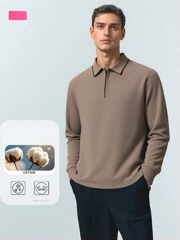 Pánske polo s polovičným zipsom, 96%+ dlhé vlákna bavlny, 300 g ťažká, dlhý rukáv, jednofarebný