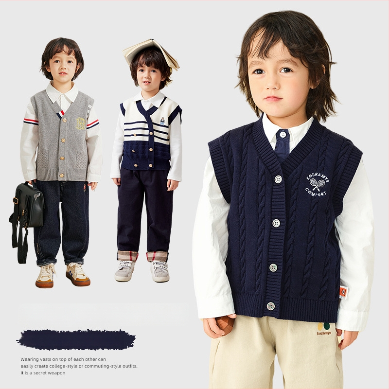 Detská bezruková pletená vesta, 100% bavlna, výstrih do V, zapínanie na gombíky, jar–jeseň, vek 3–8 rokov