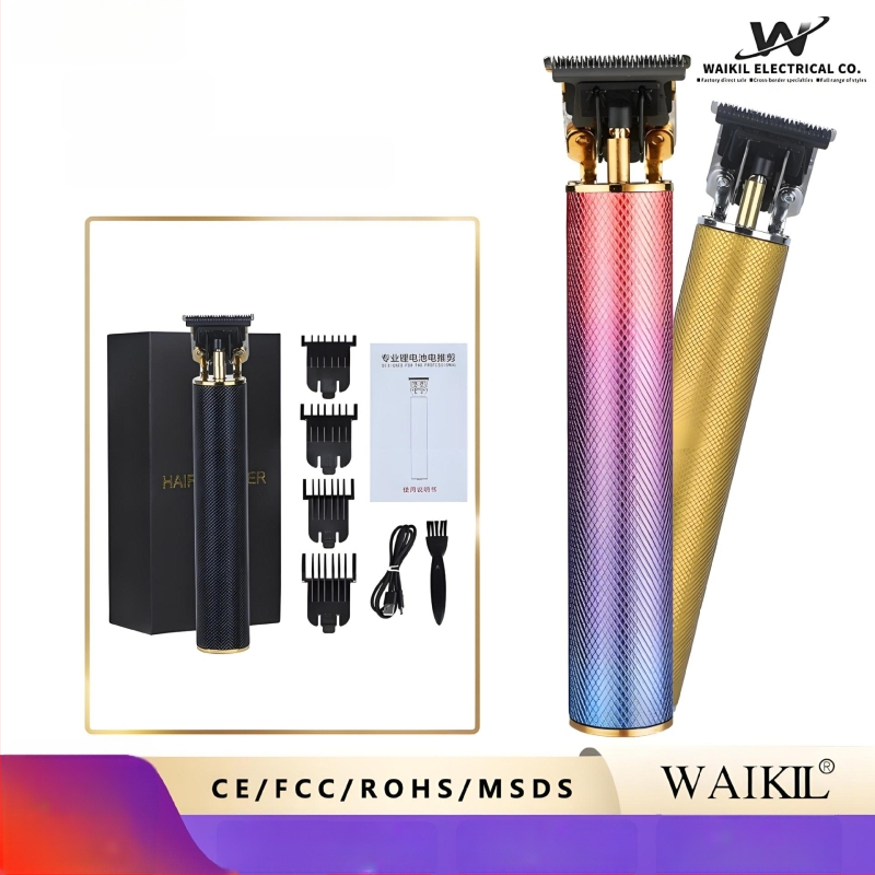 Elektrický strihací stroj na vlasy s keramickou čepeľou, brúsený motor, vstavaná batéria 100–300 mAh, výdrž 1–3 h, vymeniteľná umývateľná čepeľ, hliníkové puzdro