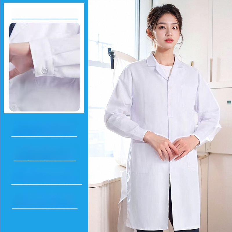 Unisex laboratórny plášť s dlhými rukávmi pre továreň a dielne, bavlneno-polyestrová zmes (35% polyester), vlhkosť odvádzajúci materiál