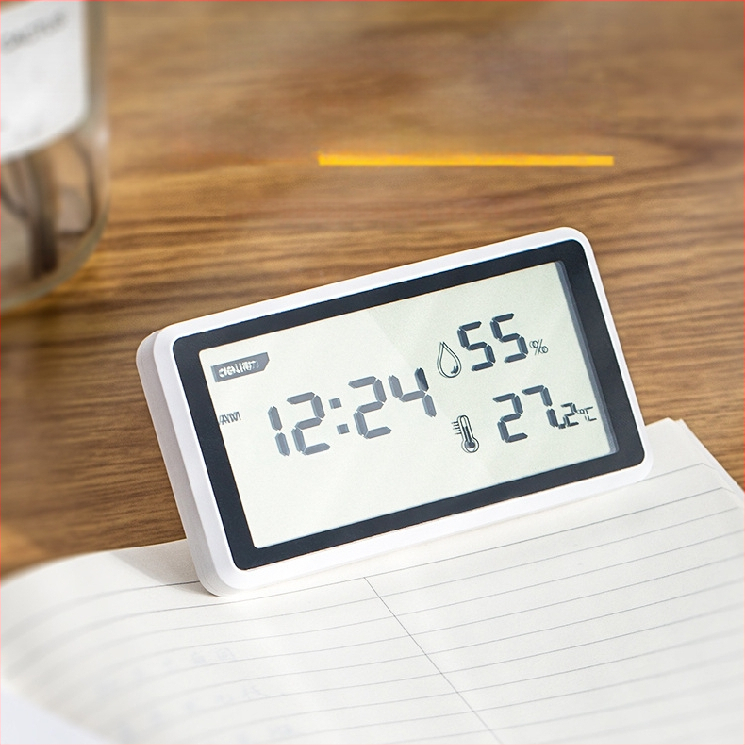 Teplomer do miestnosti značky Deli s veľkou LCD obrazovkou, na vnútorné použitie, batériové napájanie, stolný model