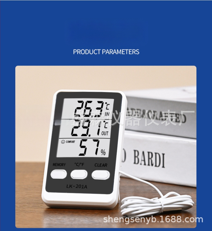LK-201A elektronický higrometer a dvojitý teplomern pre chladničku a akvárium, s káblovým senzorom; rozlíšenie 0,1°C, chyba teploty ±1,0°C, chyba vlhkosti ±5% RH, napájanie AAA