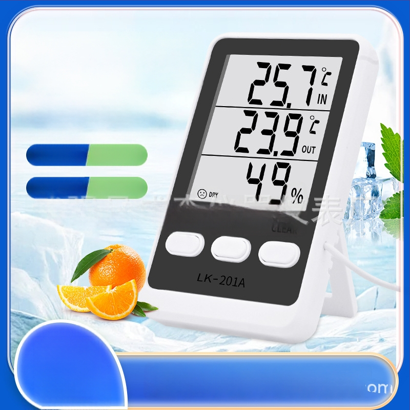 LK-201A elektronický higrometer a dvojitý teplomern pre chladničku a akvárium, s káblovým senzorom; rozlíšenie 0,1°C, chyba teploty ±1,0°C, chyba vlhkosti ±5% RH, napájanie AAA