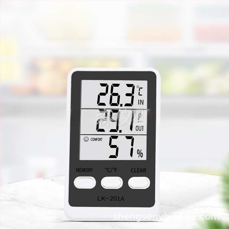 LK-201A elektronický higrometer a dvojitý teplomern pre chladničku a akvárium, s káblovým senzorom; rozlíšenie 0,1°C, chyba teploty ±1,0°C, chyba vlhkosti ±5% RH, napájanie AAA