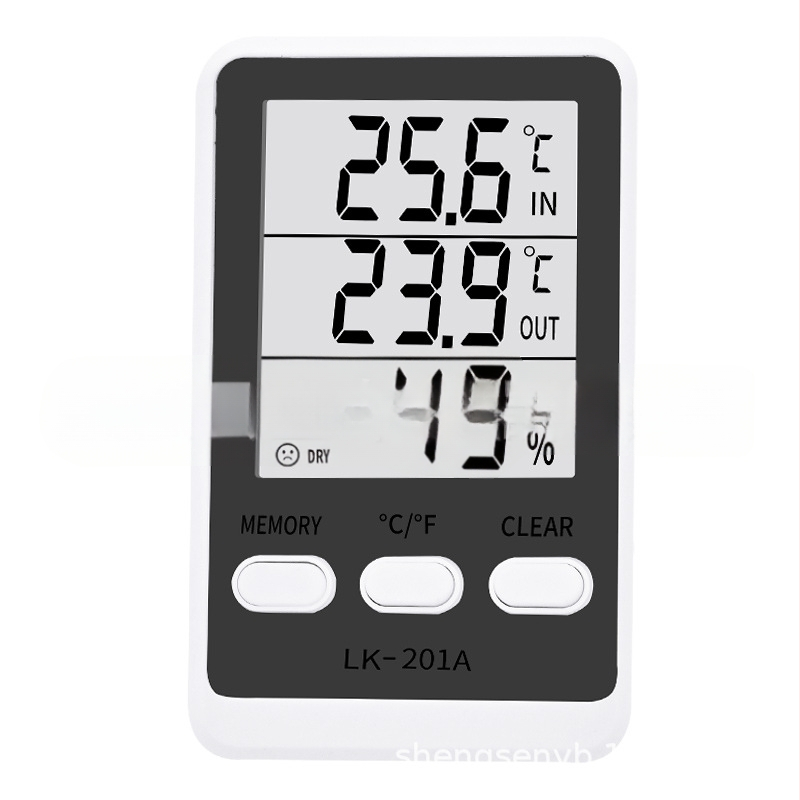 LK-201A elektronický higrometer a dvojitý teplomern pre chladničku a akvárium, s káblovým senzorom; rozlíšenie 0,1°C, chyba teploty ±1,0°C, chyba vlhkosti ±5% RH, napájanie AAA