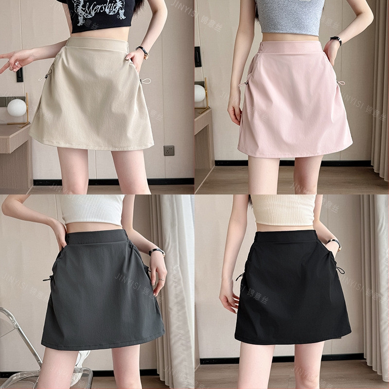 A-línia krátka sukňa s geometrickým vzorom, polyester/elastan materiál, bežný japonsko-kórejský štýl