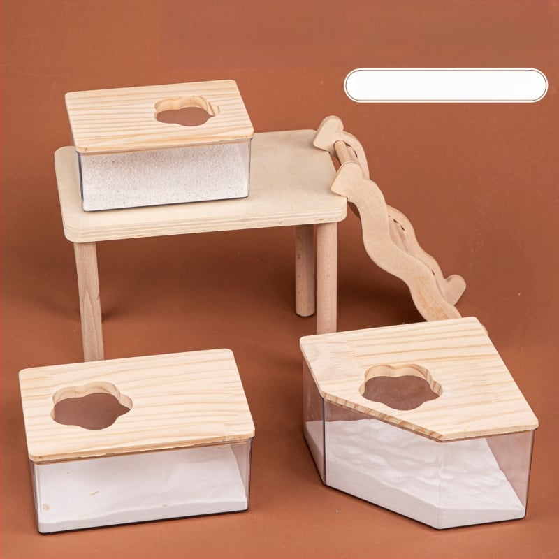 Hamster kúpeľný pieskovník – transparentný, dvojúčelová toaleta, konštrukcia z PET a masívneho dreva, Crystal Wood Bathroom od Chengxi