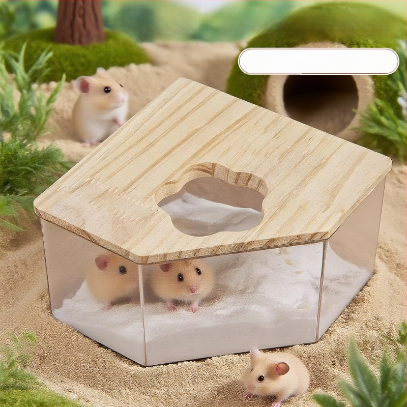 Hamster kúpeľný pieskovník – transparentný, dvojúčelová toaleta, konštrukcia z PET a masívneho dreva, Crystal Wood Bathroom od Chengxi