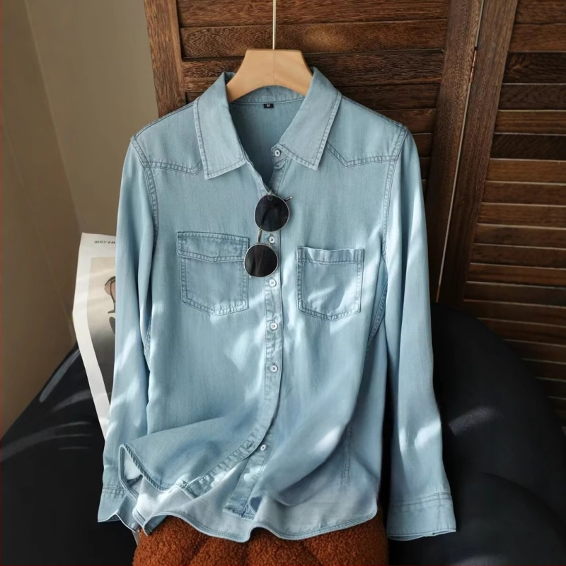 Košeľa z lyocellu denim vzhľadu, golier typu lapel, dlhé rukávy, voľný strih, Spandex zmes