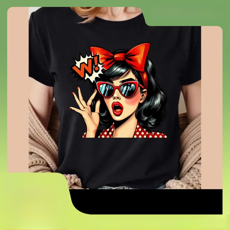 Dámske tričko s dizajnom retro pop art, voľný strih, krátke rukávy, okrúhly výstrih, 96% polyester, manga grafika