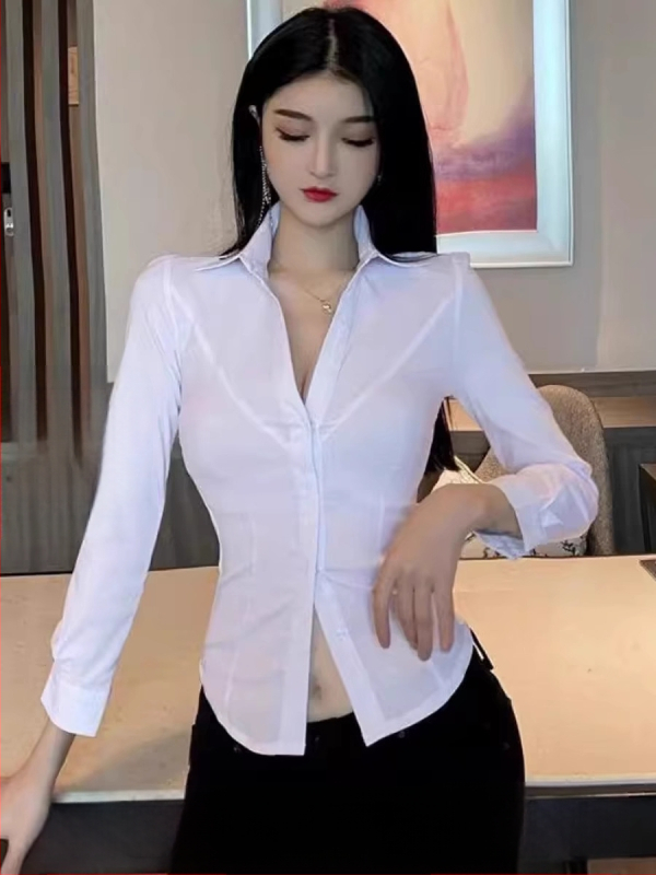 Šifónová košeľa, úzky strih, dlhé rukávy, stojací golier, zmes polyesteru a spandexu, dĺžka 50-65 cm